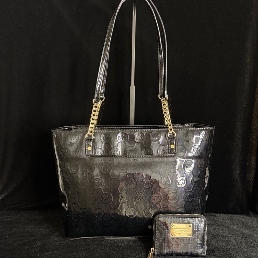 Michael Kors Glossy Black Tote with Gold Chains with Matching Wallet